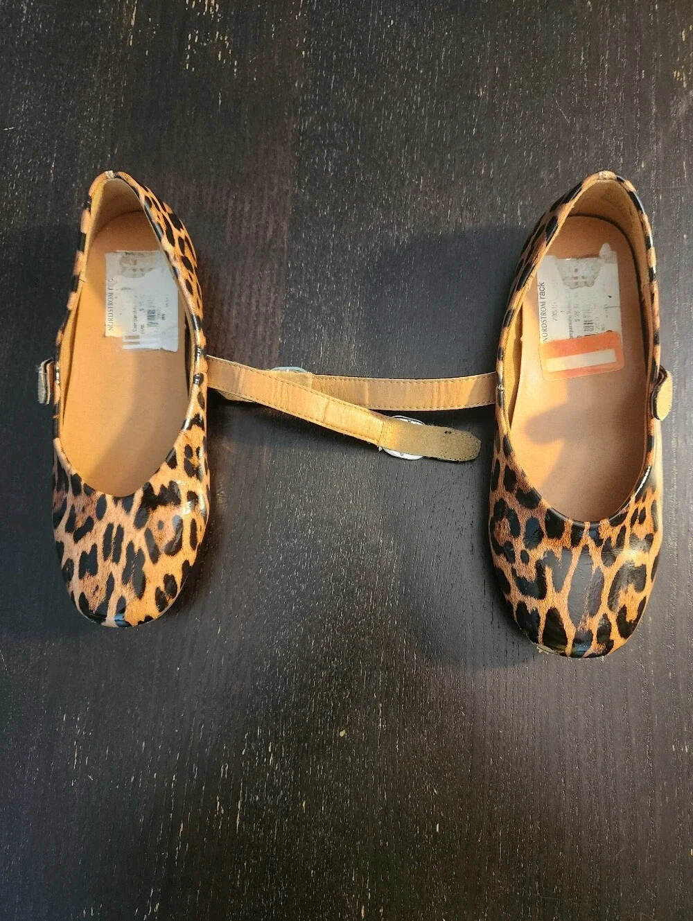 Girls Leopard Print Mary Jane Flats with Black Strap.
